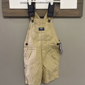OSHKOSH B’gosh Toddler Boy Tan Overalls 4T Adjustable Blue Striped Strap Buttons